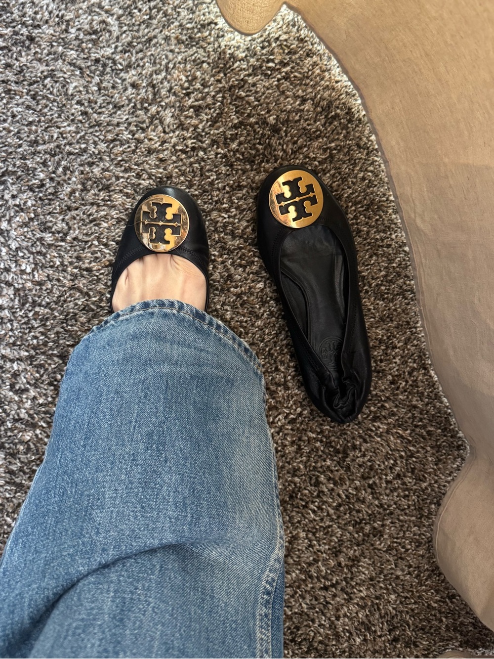 Tory Burch Reva Metallic Leather Flats Ballet Size 6.5 Womens Black Gold